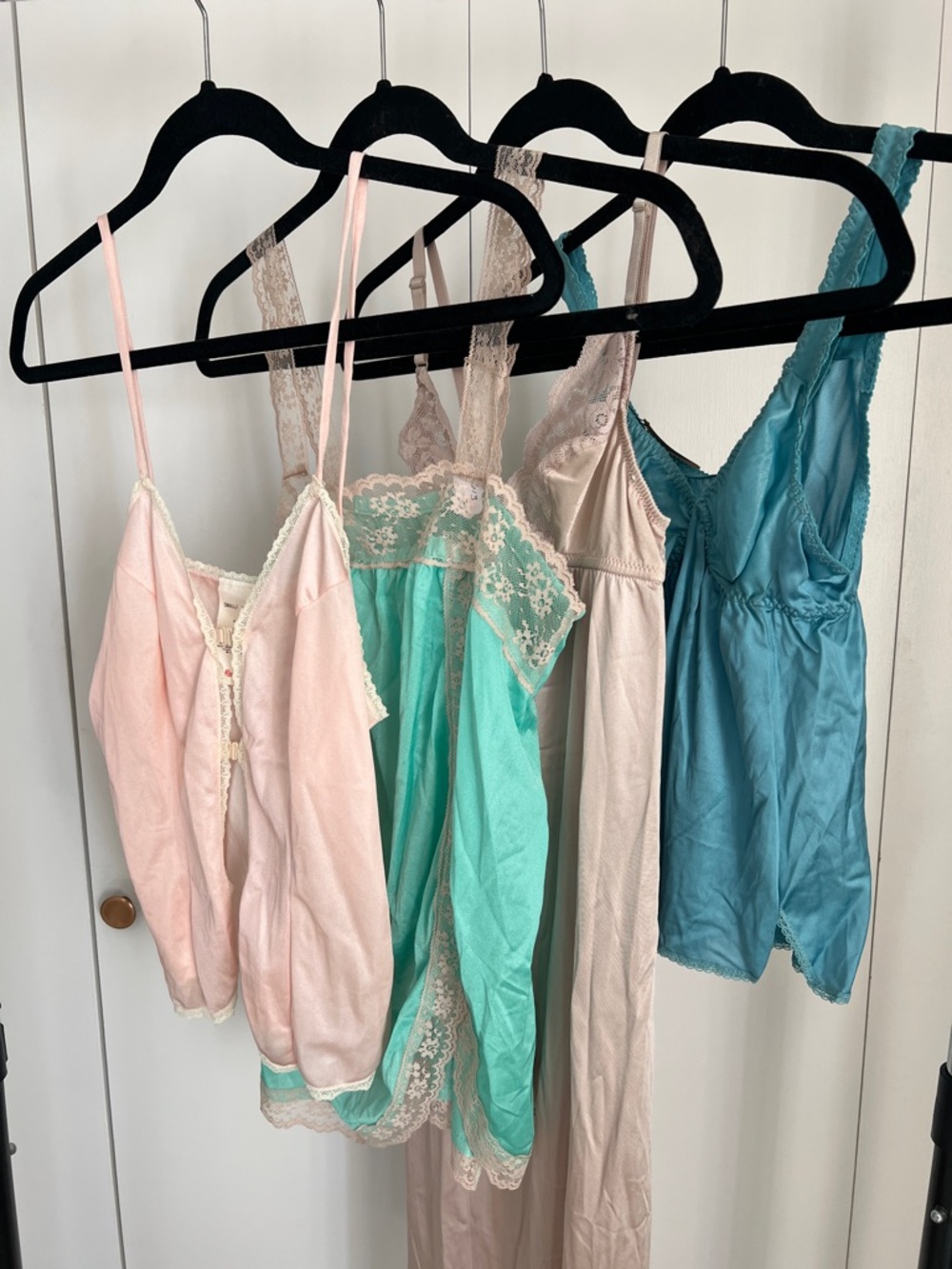 Vintage Women’s Lace-Trim Sleep Camisole Set - Pink, Mint & Teal